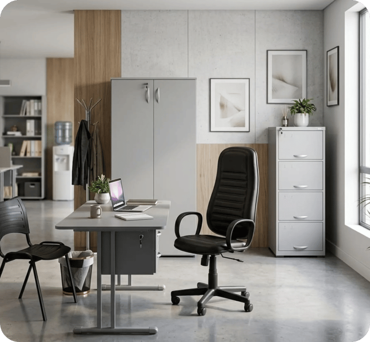 Escritório com mesa, cadeira, armário e arquivo de aço